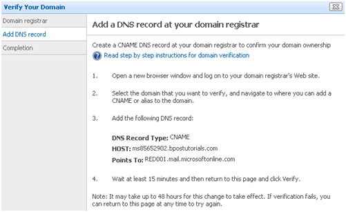 Create CNAME DNS record to verify domain