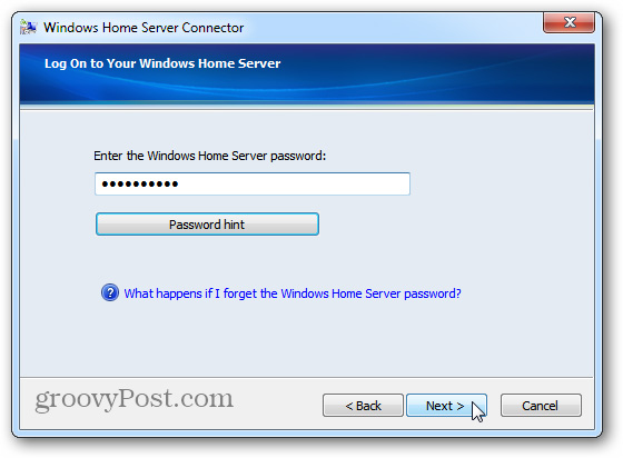 nhập mật khẩu của Windows Home Server
