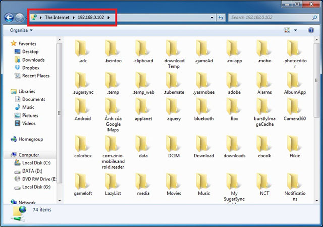 Màn hình cửa sổ quản lý file của thiết bị Android xuất hiện trên máy tính.