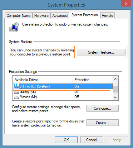 Tạo điểm sao lưu và phục hồi trong Windows 8.1
