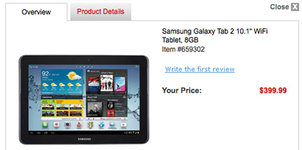 Galaxy Tab 2 10.1 bản 8GB có giá 399,99 USD tại Mỹ