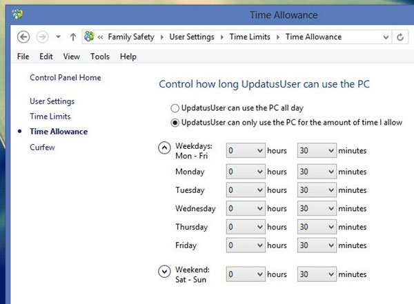 Sử dụng tính năng Family Safety để giới hạn người dùng trong Windows 8