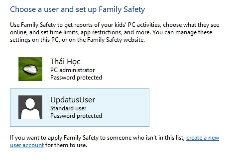 Sử dụng tính năng Family Safety để giới hạn người dùng trong Windows 8