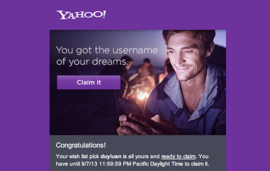 Yahoo bắt đầu gửi email thông báo về việc cấp tên tài khoản theo ý muốn