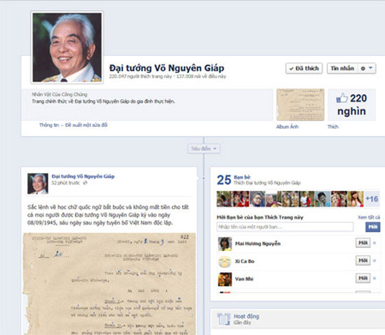 Trang Facebook về Đại tướng Võ Nguyên Giáp tăng trưởng thần tốc