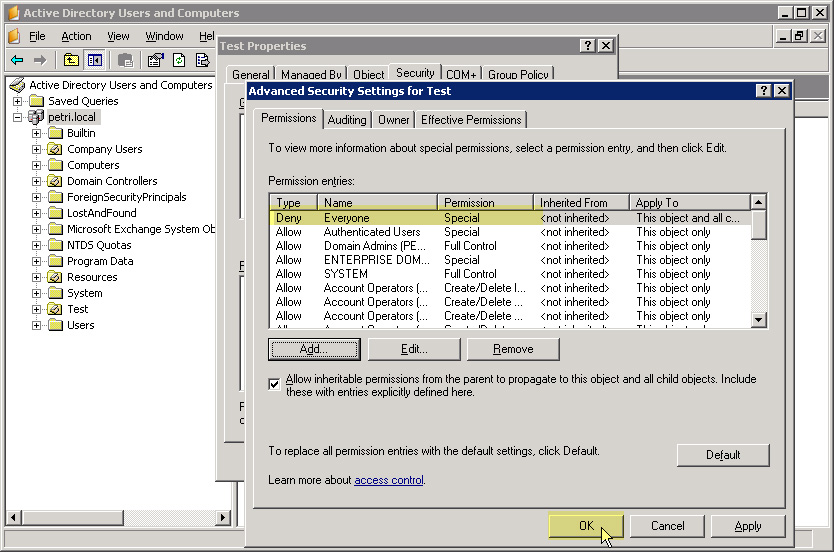Ngăn chặn việc xóa nhầm dữ liệu trong Windows Server 2003 Active Directory