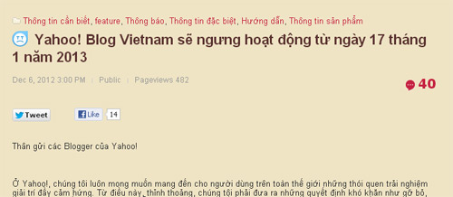 Yahoo tuyên bố đóng cửa blog tại Việt Nam