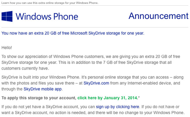 Microsoft tặng người dùng Windows Phone thêm 20 GB lưu trữ SkyDrive